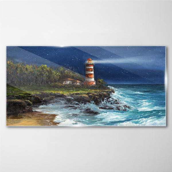 A lighthouse in a stormy sea Glass art print