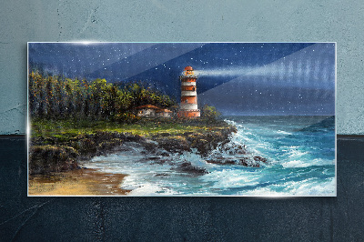 A lighthouse in a stormy sea Glass art print
