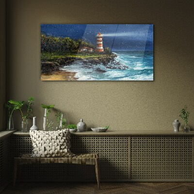 Lighthouse coast waves Glass Print