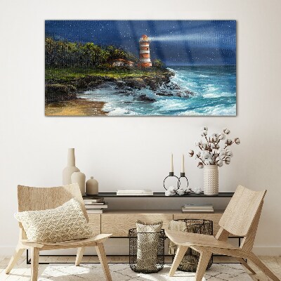 A lighthouse in a stormy sea Glass art print