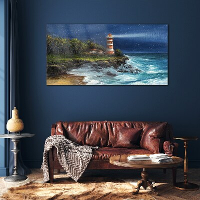 A lighthouse in a stormy sea Glass art print