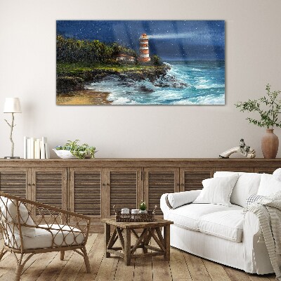 A lighthouse in a stormy sea Glass art print