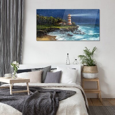 A lighthouse in a stormy sea Glass art print