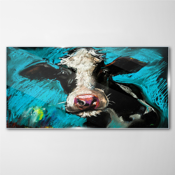 Portrait of a cow on a blue background Glass art print