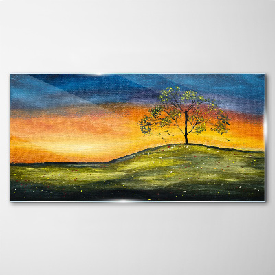Golden hour over the hill Wall art on glass