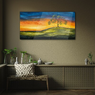Golden hour over the hill Wall art on glass