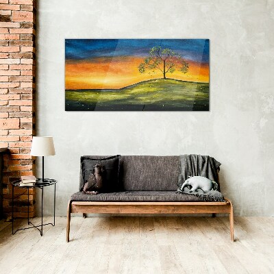 Golden hour over the hill Wall art on glass