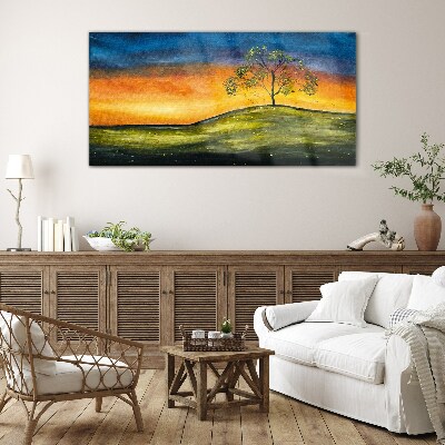 Golden hour over the hill Wall art on glass