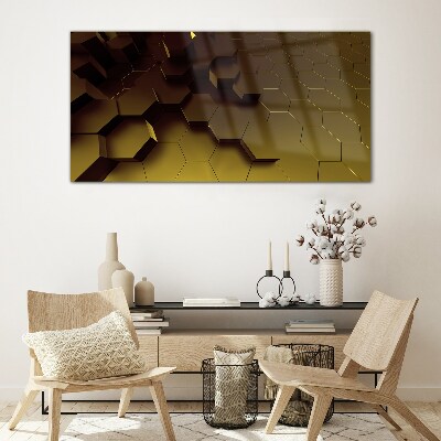 Golden hexagons Glass art print