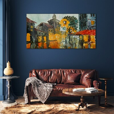 The golden reflection of the urban landscape Wall art on glass