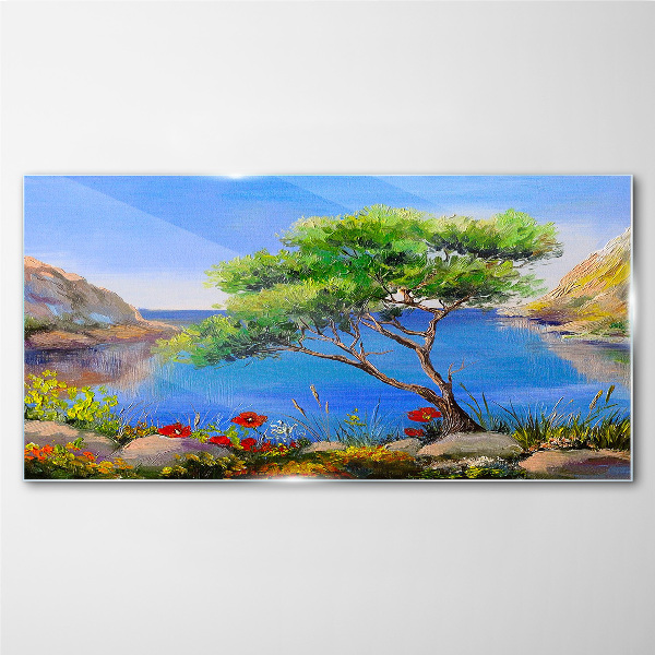 A peaceful landscape by the water Glass art print