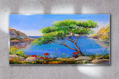 A peaceful landscape by the water Glass art print