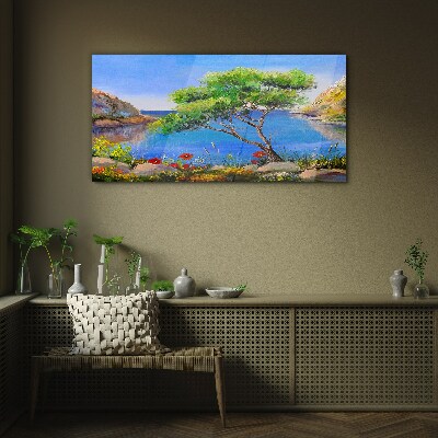 A peaceful landscape by the water Glass art print