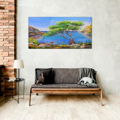 A peaceful landscape by the water Glass art print