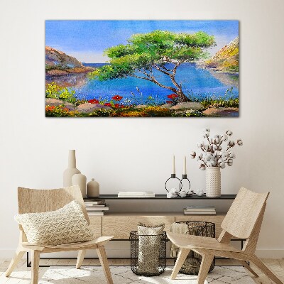 A peaceful landscape by the water Glass art print