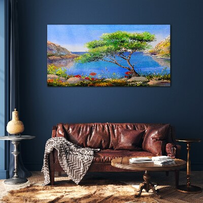 A peaceful landscape by the water Glass art print