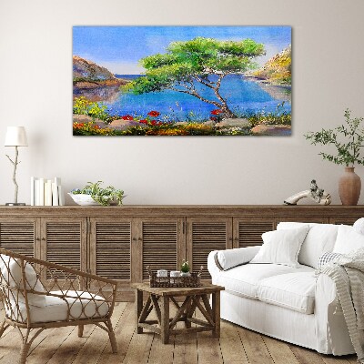 A peaceful landscape by the water Glass art print