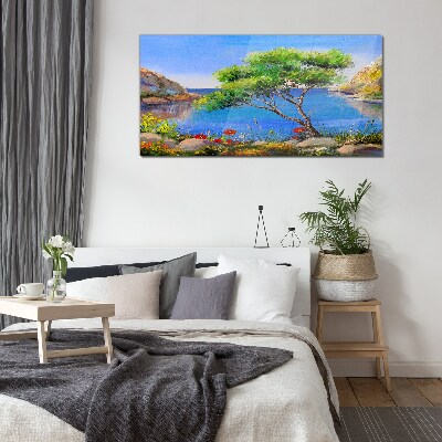 A peaceful landscape by the water Glass art print