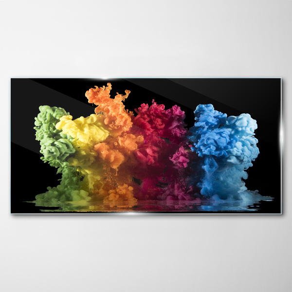 Colorful clouds of paint on a black background Wall art on glass