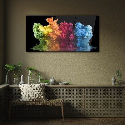 Colorful clouds of paint on a black background Wall art on glass