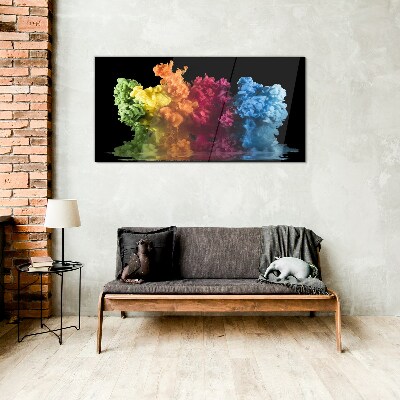 Colorful clouds of paint on a black background Wall art on glass