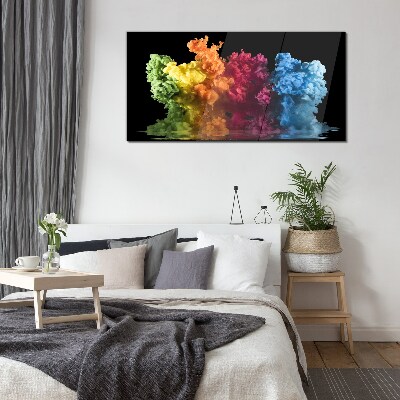 Colorful clouds of paint on a black background Wall art on glass