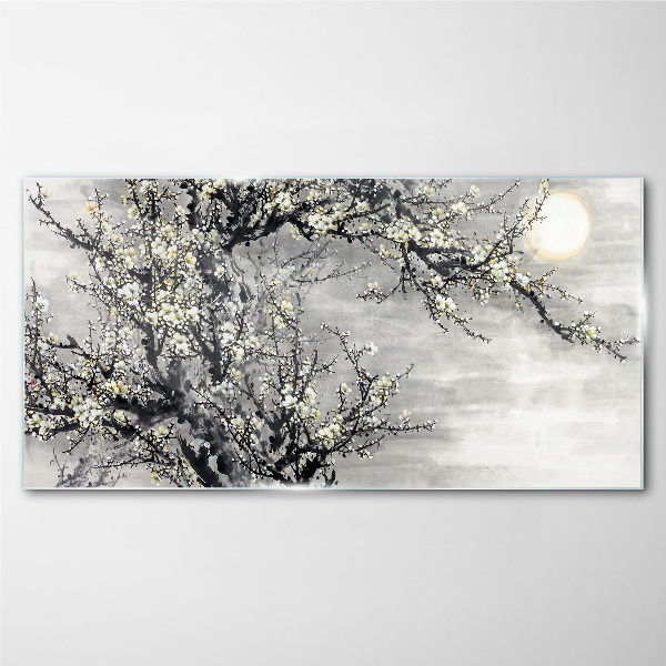 A blooming branch in a monochromatic tone Wall art on glass