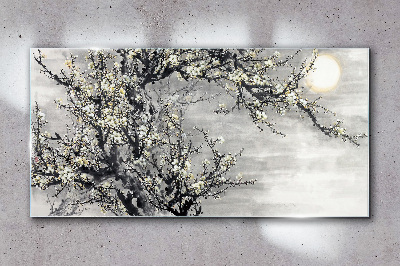 A blooming branch in a monochromatic tone Wall art on glass
