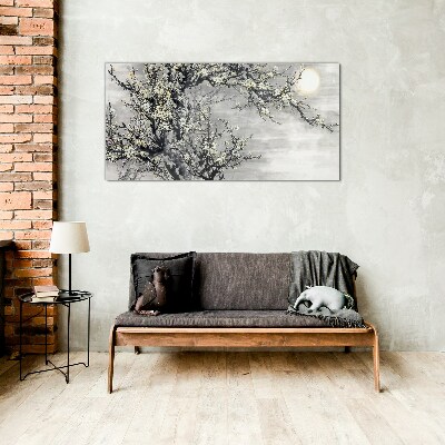 A blooming branch in a monochromatic tone Wall art on glass