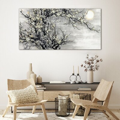 A blooming branch in a monochromatic tone Wall art on glass