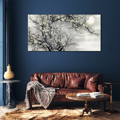 A blooming branch in a monochromatic tone Wall art on glass