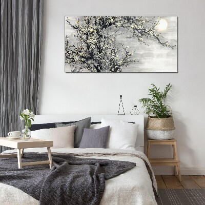 A blooming branch in a monochromatic tone Wall art on glass
