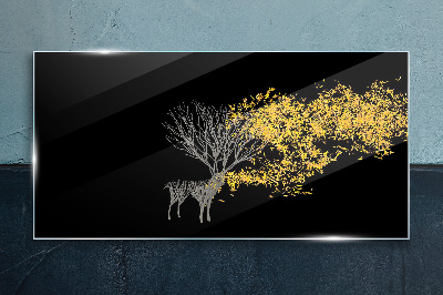 Golden leaves on black background Glass art print