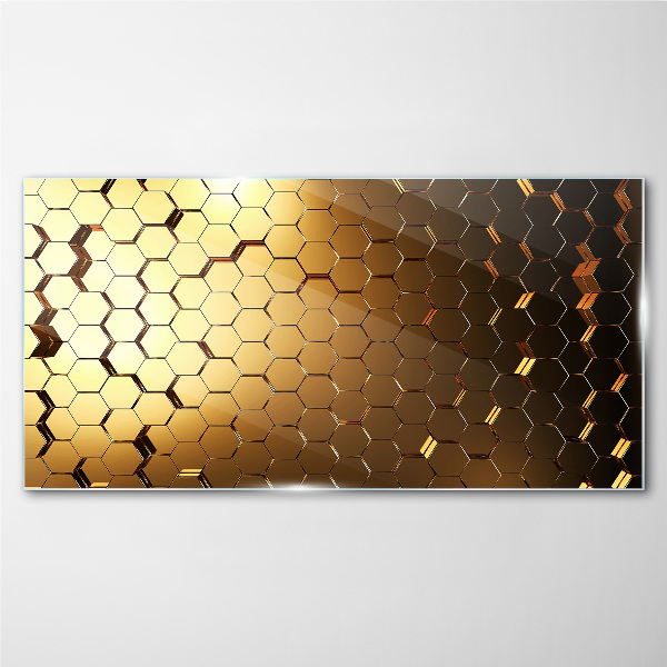 Golden hexagons in the light Glass art print
