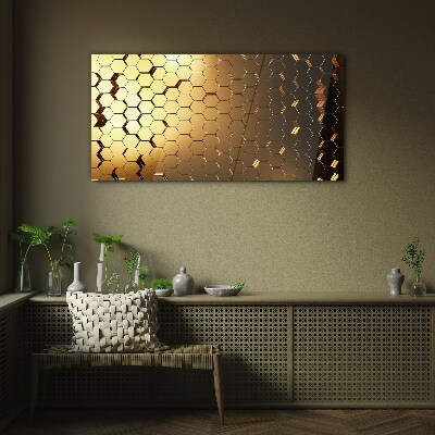Golden hexagons in the light Glass art print