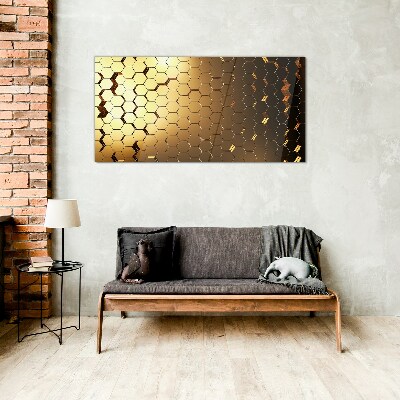 Golden hexagons in the light Glass art print