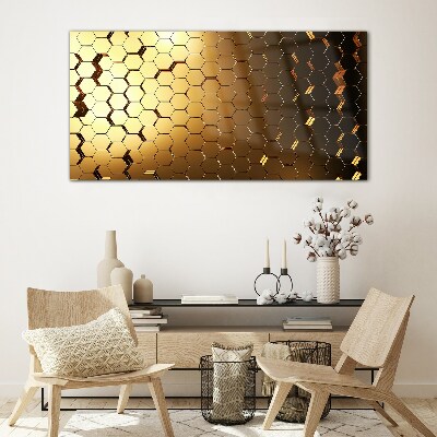 Golden hexagons in the light Glass art print
