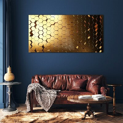 Golden hexagons in the light Glass art print