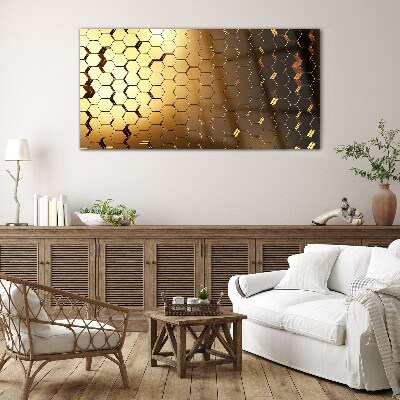 Golden hexagons in the light Glass art print