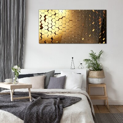 Golden hexagons in the light Glass art print
