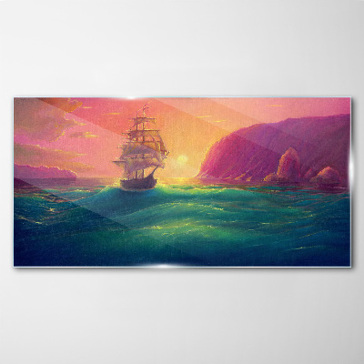 Sea ​​ships sunset Glass Print