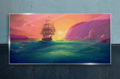 Sea ​​ships sunset Glass Print