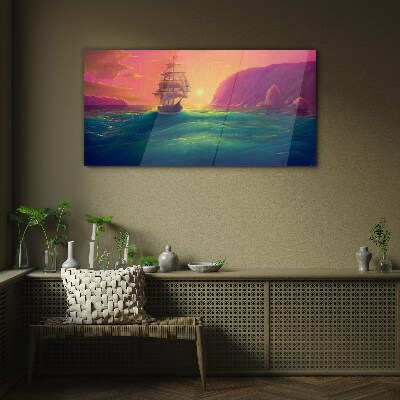 Sea ​​ships sunset Glass Print