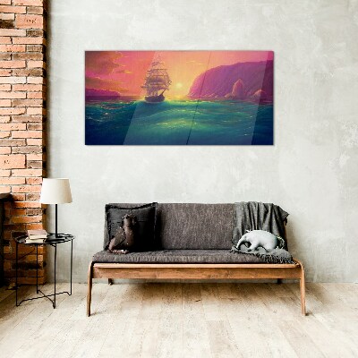 Sea ​​ships sunset Glass Print