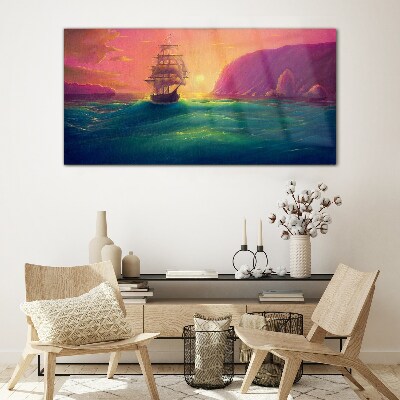 Sea ​​ships sunset Glass Print