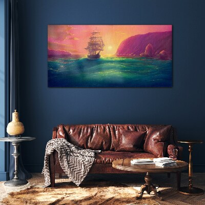 Sea ​​ships sunset Glass Print