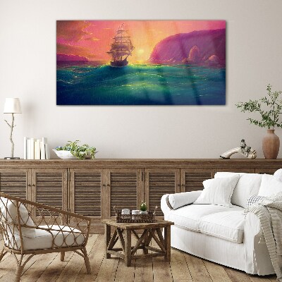 Sea ​​ships sunset Glass Print