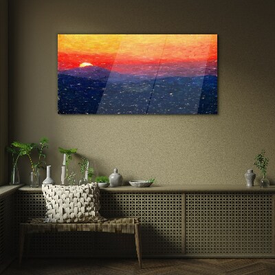 Sunset over a mountain landscape Glass art print