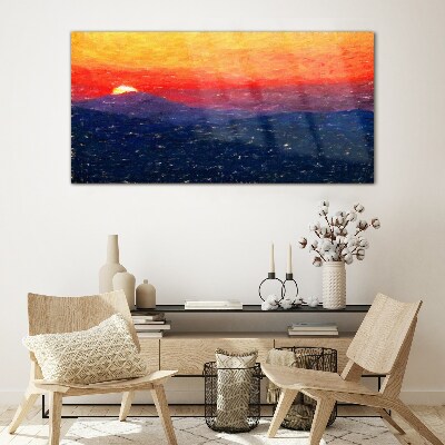 Sunset over a mountain landscape Glass art print