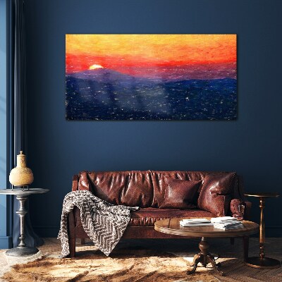Sunset over a mountain landscape Glass art print